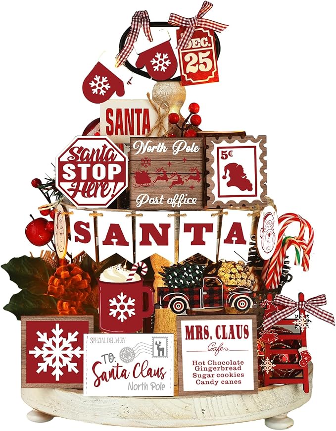 17 Pcs Christmas Tiered Tray Decor Set Winter Tiered Tray Decorations Farmhouse Tabletop Centerpiece Christmas Wooden 3D Sign for Xmas Home Buffalo Plaid Rustic Table Decoration(Classic)