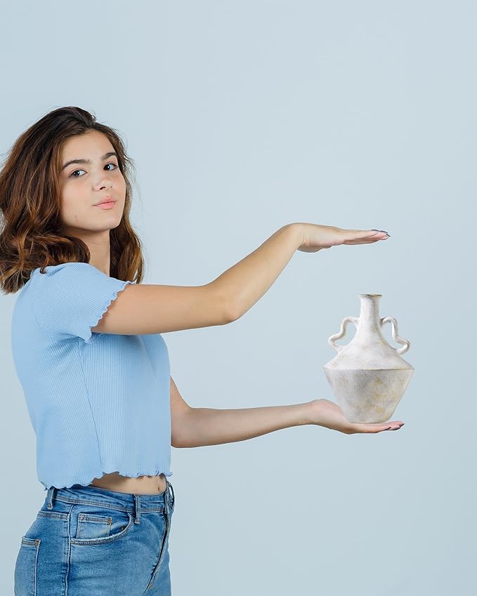 8.6 in Rustic Ceramic Farmhouse Vase with 2 Handles,Glazed Beige and Yellow Vintage Pottery Jar with Black Distressed Eroded Texture Finish,Boho for Home Decor,Tabletop,Mantel,or Living Room