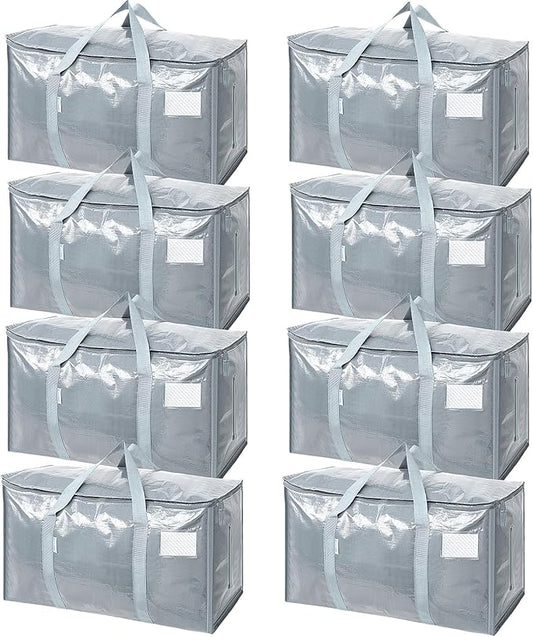 TICONN 8 Pack Extra Large Moving Bags with Zippers & Carrying Handles, Heavy-Duty Storage Tote Moving Boxes for Space Saving (8 Pack, Light Grey)