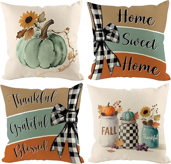 Fall Pumpkin Pillow Covers 20x20 inch Set of 4, Linen Autumn Outdoor Thankful Blessed Harvest Floral Farmhouse Decorations for Sofa Couch