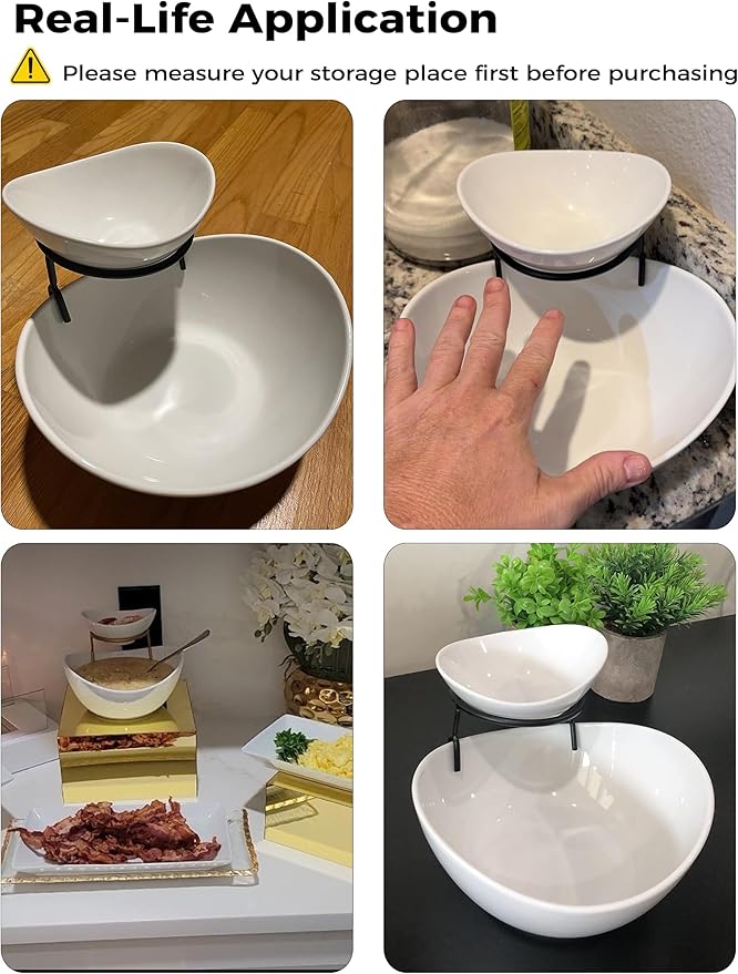 YHOSSEUN Chip and Dip Serving Set 2 Tiered Chip Dip Bowls with Metal Rack for Appetizer, Snacks - Large Chip Bowl 45 oz Small Dip Bowl 7 oz-Serving Bowls for Party, Food Dispaly - Gold Stand