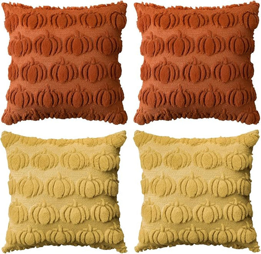 AVOIN colorlife Fall Pumpkin Caramel Ginger Throw Pillow Covers, 18 x 18 Inch Seasonal Autumn Thanksgiving Harvest Soft Plush Faux Fur Jacquard Cushion Case Decoration for Sofa Set of 4
