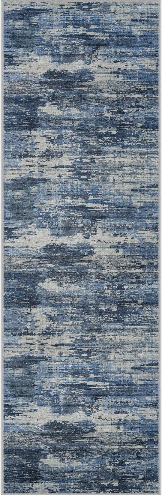 Runner Rug 2'6''x8' Washable Rugs: Machine Washable Hallway Runner Rug with Non Slip Backing Non Shedding Abstract Stain Resistant Carpet for Kitchen Entryway Laundry Bedroom - Beige/Blue