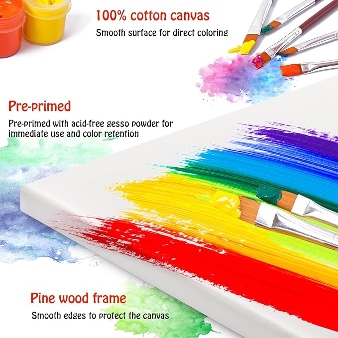 Stretched Canvas - 4x4, 5x7, 8x10, 9x12, 11x14 and Round Canvas 8x8, 10x10 (2 of Each) Total 14 Canvas Pack - 100% Cotton Blank Canvases for Oils Acrylics and Pouring