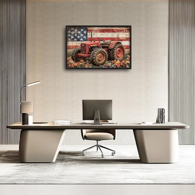 Framed Large Wall Art for Living Room, Farmhouse Tractors Canvas Wall Decor, Large Rustic Country Wildflowers Pictures Framed Painting, Natural Landscape Artwork for Bedroom Office Home Decor 36L'' × 24W''