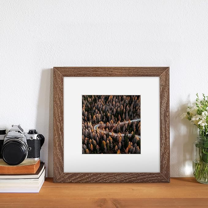 6x6 Picture Frames, Solid White Oak Wood Frame 6 x 6 with Stand for Wall & Tabletop Display, Rustic Wooden Photo Frame 6 by 6 with Real Glass, 6x6 Frame Matted to 4x4, Walnut Color, Set of 2