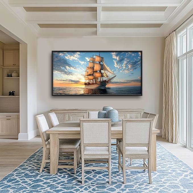 Nautical Ship Large Wall Art Sea Sailing Ship Pictures Sunrise Seascape Wall Decor Nature Landscape Canvas Print Painting Artwork for Bathroom Living Room Bedroom 60L" x 30W"