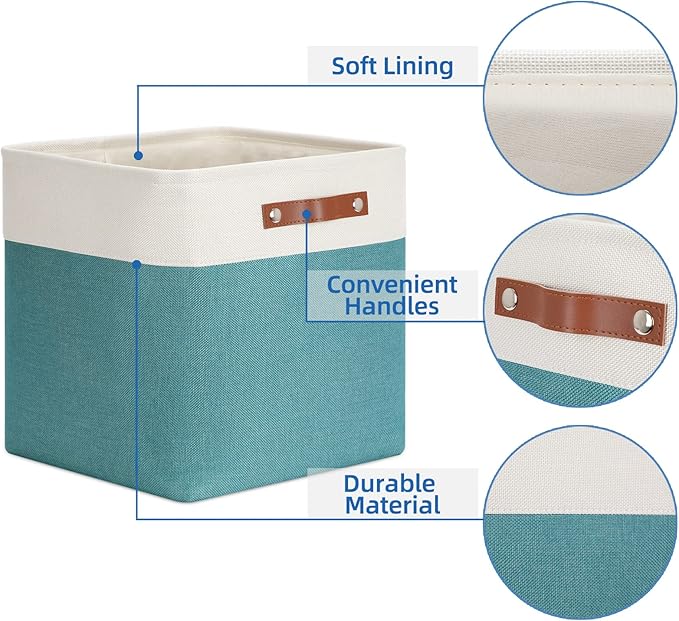 Temary Fabric Storage Cubes 13x13 Storage Baskets for Organizing, 4Pack Large Fabric Storage Bins with Handles Cube Storage Baskets for Storage Clothes, Books (White&Teal)