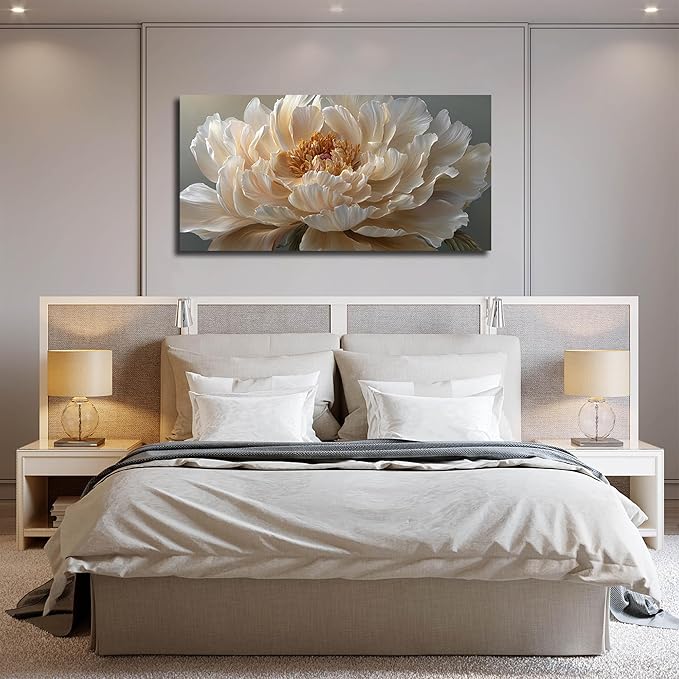 Large Floral Canvas Wall Decor for Bedroom Living Room Office Light Yellow Wall Art Flower Picture Art White Peony Modern Artwork Posters 24"x48"