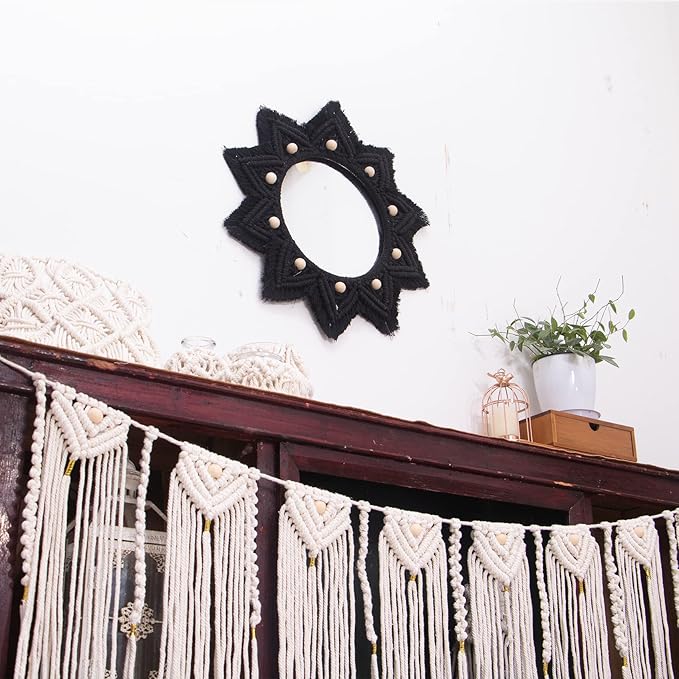 Boho Wall Hanging Mirror Macrame Bohemian Round Mirror for Bedroom Living Room Apratment