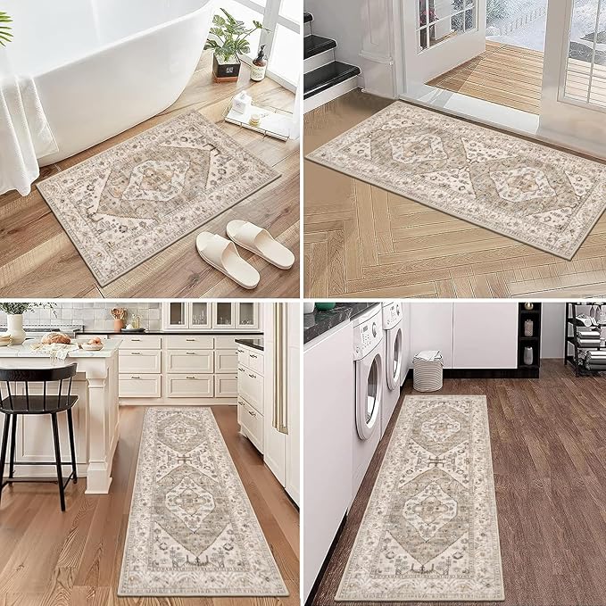 Pauwer Kitchen Mats for Floor 3 Piece Set Boho Non Slip Kitchen Rugs Washable Farmhouse Kitchen Floor Mats Thick Long Kitchen Throw Area Rug Carpet Runner for Hallway Laundry Bathroom, Brown Beige
