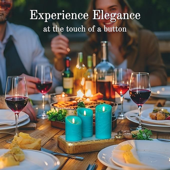 VENTA Turquoise Real Wax Flameless Candles, Set of 3 | Realistic Teal LED Pillar Candles with Remote & Timer | Perfect for Coastal, Beach House & Nautical Decor