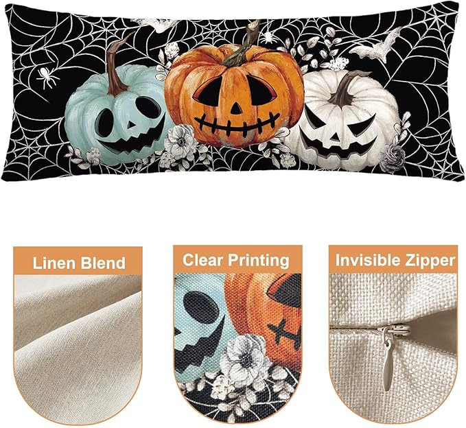 Baccessor Halloween Pillow Cover 14x36 Inch, Black Pumpkins Bats Spider Web Long Pillow Case Halloween Decor for Cushion Sofa Couch Indoor Outdoor Decoration 1 Piece