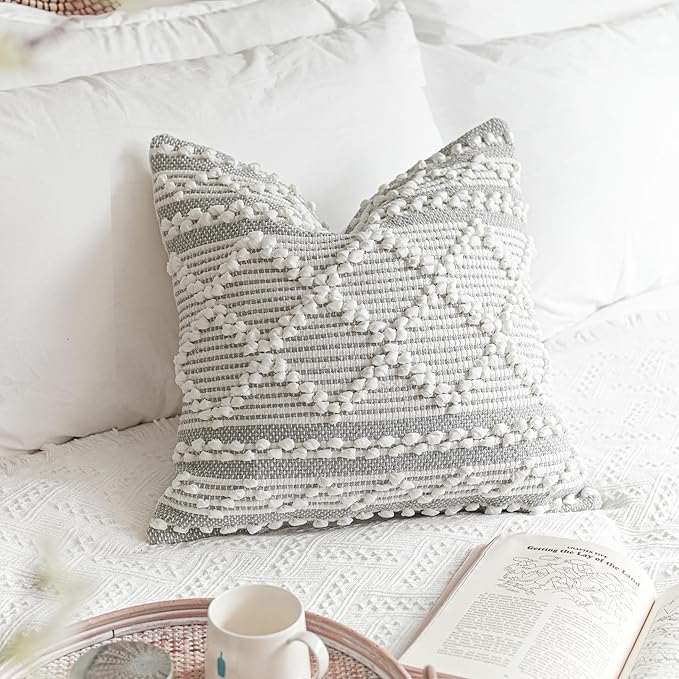 Gray White Decorative Throw Pillow Cover 20X20, Boho Accent Pillow for Couch, Square Modern Farmhouse Pillowcase for Living Room Couch Sofa Cushion Home Décor (Pack of 1)