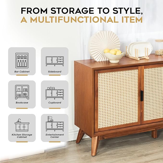 Bme Rattan Pre-Assembled Buffet Sideboard with 3 Drawers & 2 Doors, 58" Accent Console Table Living Room, Kitchen, Dining, Dark Chocolate, Jasper Storage Cabinet