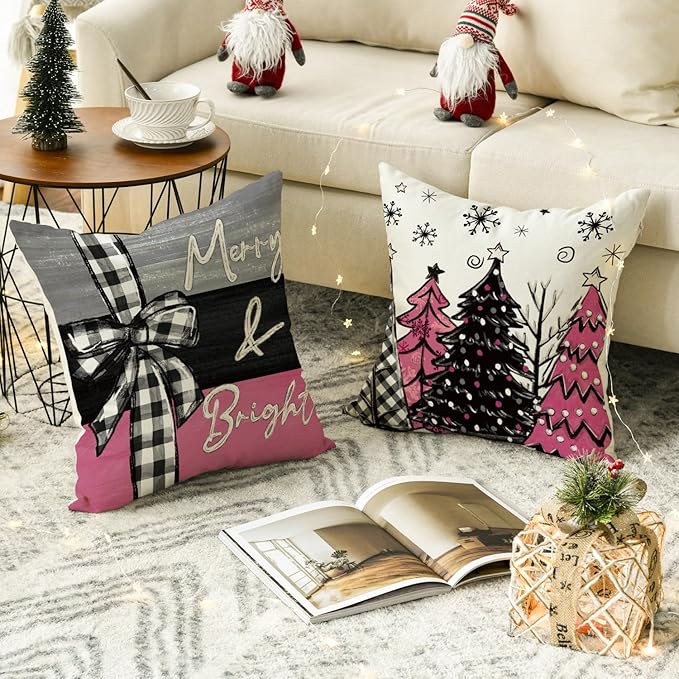 AVOIN colorlife Merry Christmas Joy Xmas Trees Pink Throw Pillow Covers, 18 x 18 Inch Christmas Winter Holiday Cushion Case Decoration for Sofa Couch Set of 4