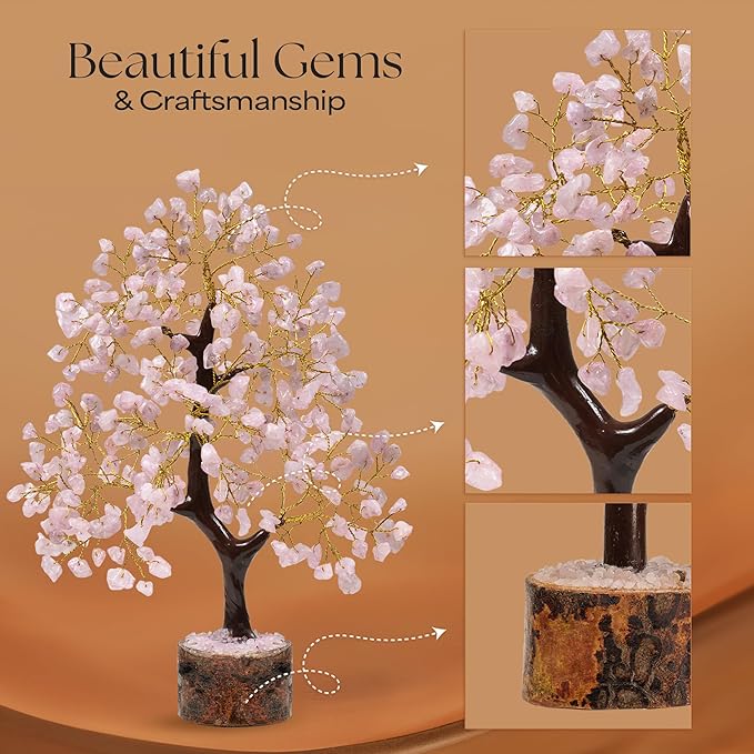 Rose Quartz Crystal - Bonsai Tree - Crystal for Desk - Office Decor for Women - Office Desk Accessories - Pink Room Decor Aesthetic - Pink Crystal - Spiritual Gifts - Small Decor Items for Shelf