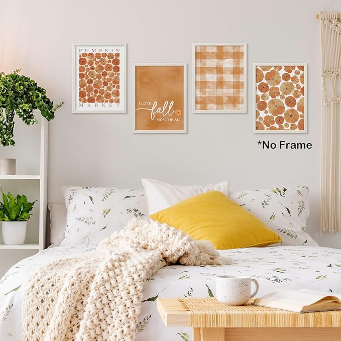 TLESKE Orange Fall Pumpkins Market Posters Prints Unframed Set of 4, Autumn Aesthetic Wall Art Prints for Dorm Bedroom Living Room, I Love Fall Most of All Pictures Wall Decor, 12x16