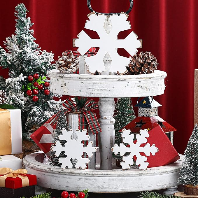 Bucherry 3 Pcs Winter Wooden Snowflake Decor Rustic Winter Snowflake Table Signs Wonderland Wood Blocks Farmhouse Christmas Tiered Tray Decorations for Xmas Table Shelf(Retro White)