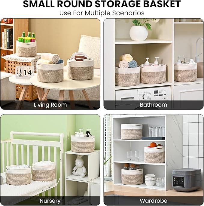 Small Storage Baskets for Organizing, Organizer Baskets for Shelves, Small Woven Basket for Storage, Cute Brr Basket for Gifts Empty, 9.7"×9.7"×7" (3 Packs) Off White & Brown