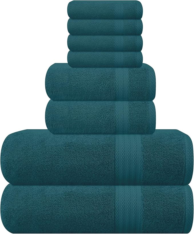 GLAMBURG Ultra Soft 8-Piece Towel Set - 100% Pure Ringspun Cotton, Contains 2 Oversized Bath Towels 27x54, 2 Hand Towels 16x28, 4 Wash Cloths 13x13 - Ideal for Everyday use, Hotel & Spa - Teal