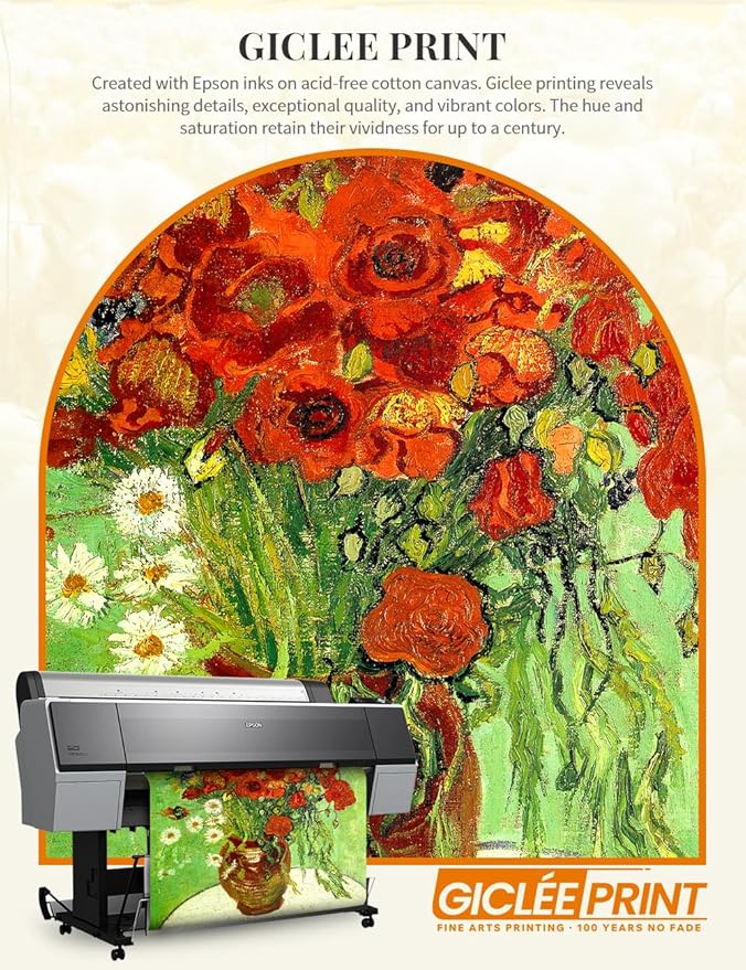 DECORARTS - Red Poppies and Daisies, Vincent Van Gogh Art Reproduction. Acid Free Cotton Canvas Giclee Print w/Bronze Frame&Mat for Wall Decor.