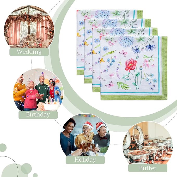 Maison d' Hermine Cloth Napkins Set of 4 100% Cotton Everyday Reusable Square Napkins Cloth Washable, Dinner, Party, Wedding, Restaurant, Spring/Summer (Just Floral, 20" x 20")