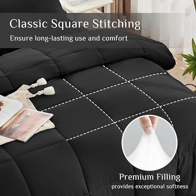 JOLLYVOGUE Twin Comforter Set, Ultra-Soft Bed in a Bag Twin Size 5 Pieces, Oeko-TEX Certified Bedding Set with Down Alternative Comforter, Sheets, Pillowcases & Shams, Black