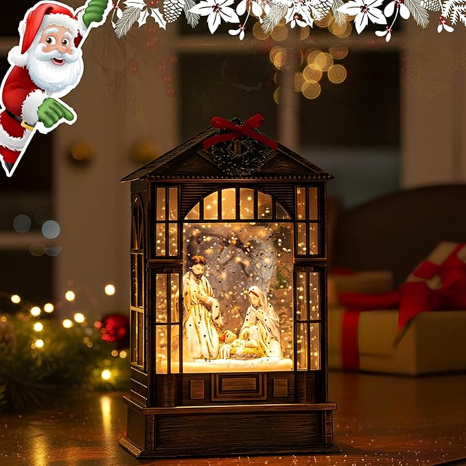 Christmas Snow Globe, Lighted Angel Guarding Nativity Scene, Musical Snow Water Lantern Swirling Glittering Holiday Decoration and Gift for Family Children or Friends