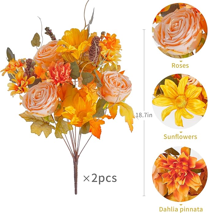 Anna's Whimsy 2 Pcs Artificial Plants Indoor,Thanksgiving Fall Artificial Flowers, Fall Decor Silk Flowers Bouquet for Home Wedding Thanksgiving Decoration (Golden, 2)