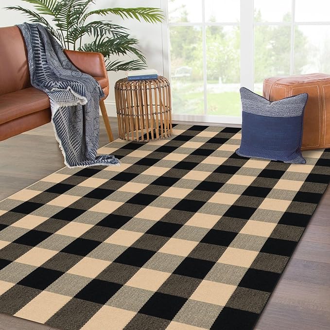 KOZYFLY Buffalo Plaid Area Rug 4 x 6 Ft Brown and Black Checkered Rug Washable Outdoor Rugs Cotton Rugs for Bedroom Front Door Mat Carpet for Front Porch Living Room Dining Room Kitchen