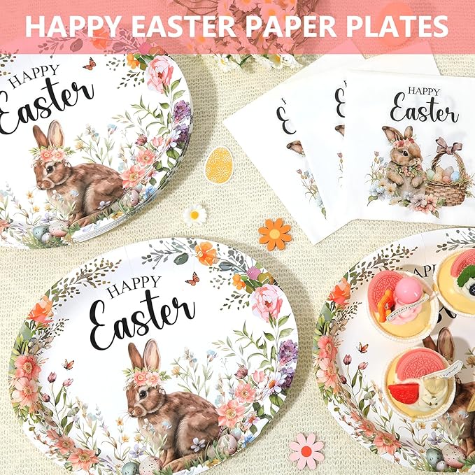 Happy Easter Oval Paper Plates Vintage Bunny Rabbit Flower Plates and Napkins Party Decorations Easter Floral Party Supplies 11inch Heavy Duty Dish Tray Dinnerware for Spring Picnic, 25 Guest