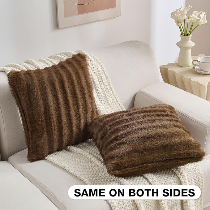 FUTEI Brown Decorative Throw Pillow Covers 12x20 Inch Set of 2,Soft Fluffy Faux Mink Fur Dyeing Striped Textured Lumbar Pillow Case,Modern Home Decor for Couch Bed Living Room