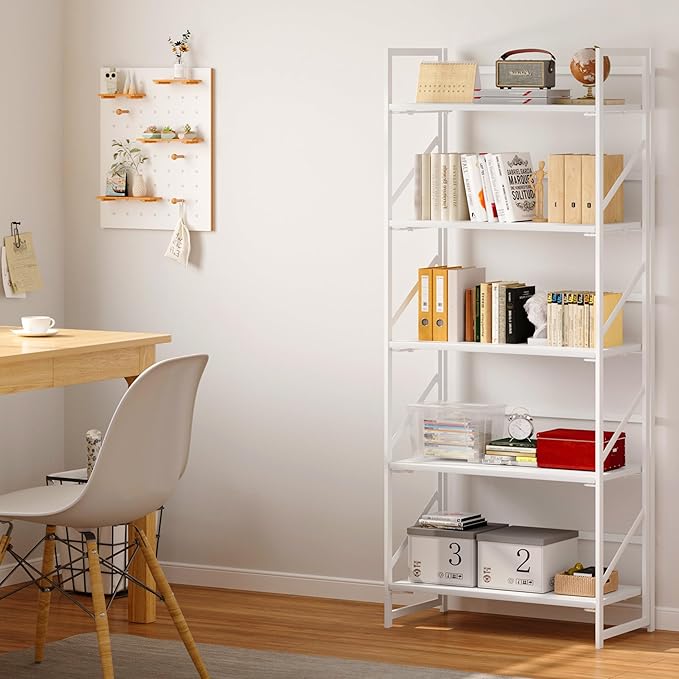 JSB No Assembly Folding Bookshelf, 5 Tier Industrial Metal Book Shelf for Storage, Vintage Wood Foldable Bookcase for Living Room, Bedroom, Office Organization Shelves