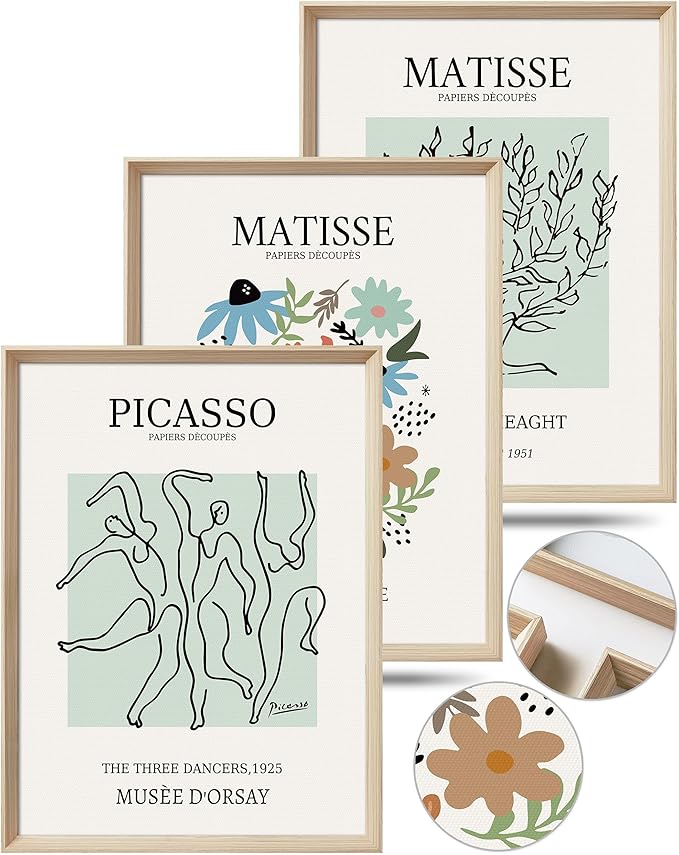 Framed Wall Art,Picasso and Matisse Wood Vintage Wall Decor,12x16in Cotton Pattern Canvas Poster,Picasso The Three Dancers for Living Room,Set of 3