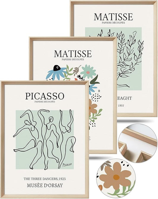 Framed Wall Art,Picasso and Matisse Wood Vintage Wall Decor,12x16in Cotton Pattern Canvas Poster,Picasso The Three Dancers for Living Room,Set of 3