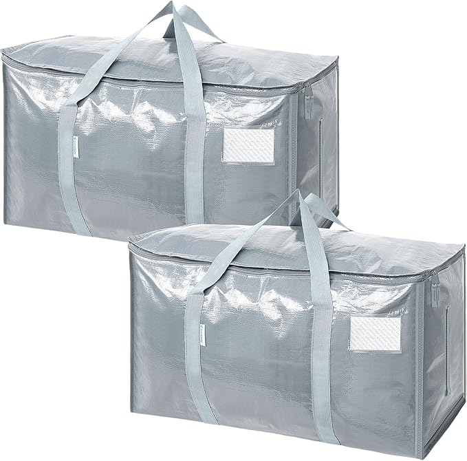 TICONN 2 Pack Extra Large Moving Bags with Zippers & Carrying Handles, Heavy-Duty Storage Tote Moving Boxes for Space Saving (2 Pack, Light Grey)