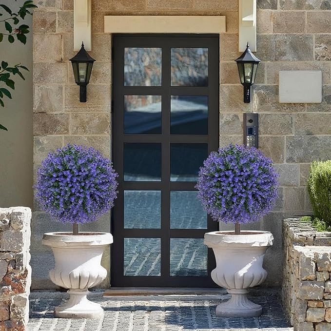 Set of 2 Artificial Purple Boxwood Topiary Ball Bush for Outdoor with Ground Spike 22", UV Resistant Faux Greenery Shrubs, Fake Purple&Green Boxwood Plants for Garden, Yard, Porch, Patio Decor