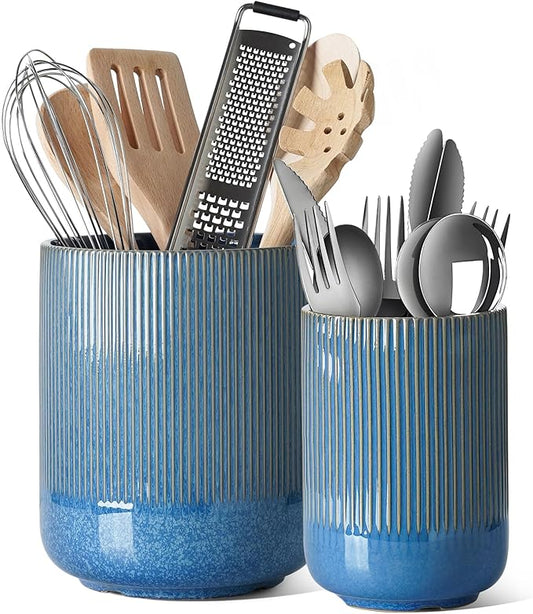LE TAUCI Utensil Holder, 7.3"+5.4" Ceramic Kitchen Utensil Holder for Countertop, Large Cooking Utensil Crocks Gift for Mother's Day, Costal Ocean Home Kitchen Decor, Set of 2,Glaze Marble Blue