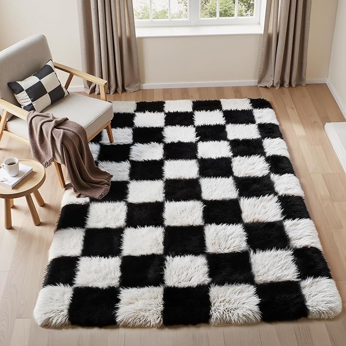Checkered Rug 3x5 for Living Room, Black and White Modern Shag Super Soft Washable Fluffy Rugs Indoor Fuzzy Carpet for Bedroom Home Dorm Aesthetic Decor
