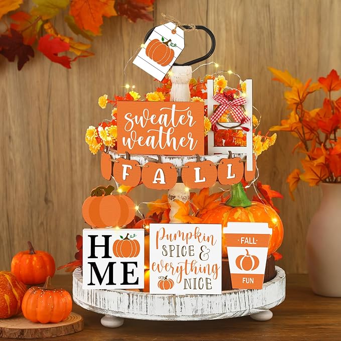 Sumind 15 Pcs Fall Tiered Tray Decor Set Fall Decorations for Home Autumn Wood Signs Thanksgiving Orange Brown Table Signs Farmhouse Wooden Maple Pumpkin Gnomes Tabletop for Festival(Home)