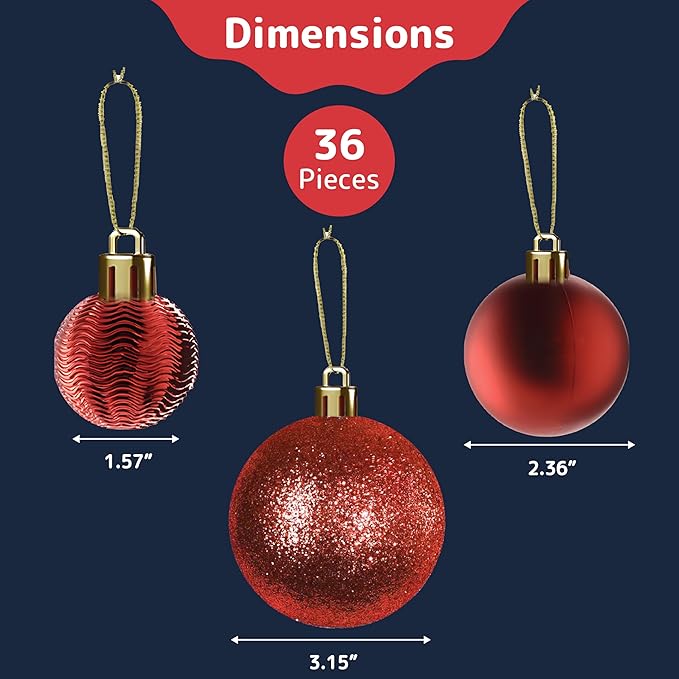 Prextex 36pc Shatterproof Red Christmas Balls Ornament Set - Festive Christmas Tree Ornaments in 3 Different Sizes and 6 Styles - Holiday Decoration with Hanging Loops for Tree, Wreath, Party Decor