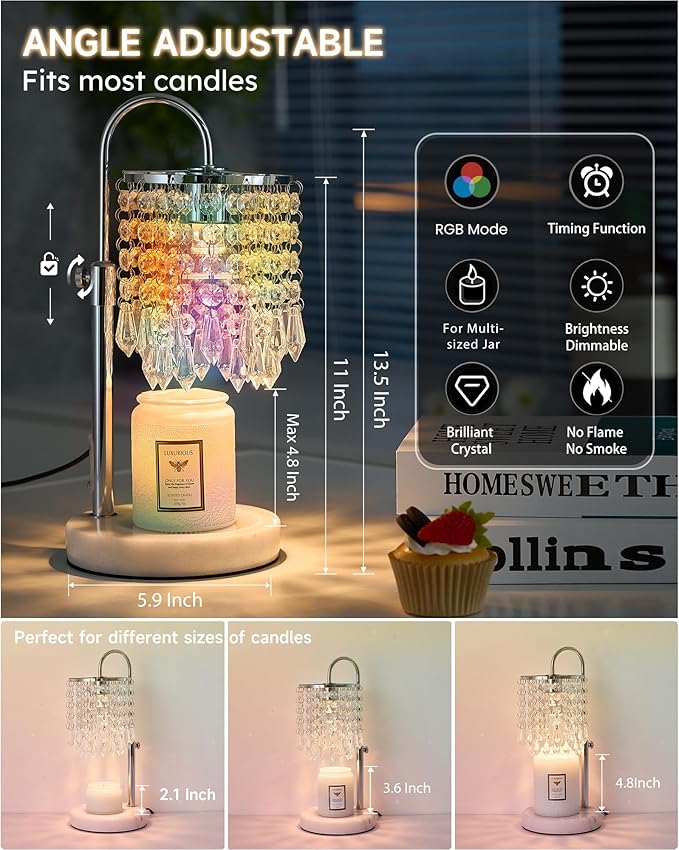 Candle Warmer Lamp with Timer Dimmer and 3 Bulbs, Candle Lamp Warmer with RGB Mode for Adjustable Height, Crystal Candle Lamp for Jar Candles, House Warming Gifts Home Room Decor, RGB Silver