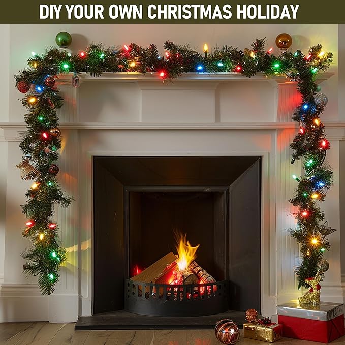 TW SHINE 30 FT Pre-Lit Christmas Garland Decorations, 100 LED Lighted Artificial Pine Garlands with 8 Modes, Green Garland for Indoor Outdoor Door Home Stairs Holiday Decor, Multi-Colored