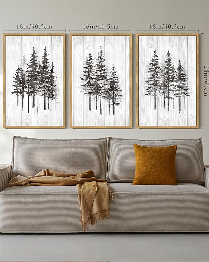 KUVIOKE Modern Pine Tree Framed Wall Decor Nature Forest Wall Decor Vintage Rustic Minimalist Paints for Farmhouse Bedroom Dining Room Decor16x24in (Natural Framed)