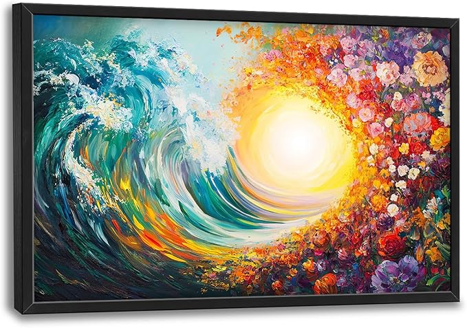 Ocean Framed Wall Art for Living Room, Large Waves with Flowers Canvas Wall Decor, Vintage Beach Pictures Painting, Modern Landscape Artwork for Bathroom Bedroom 36L'' × 24W''