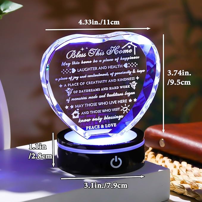 YWHL House Warming Gifts New Home Housewarming Gifts for Women Men Crystal Heart Keepsake with LED Base Home Warming Gift Couple Presents House Blessing Warming Gift New Apartment