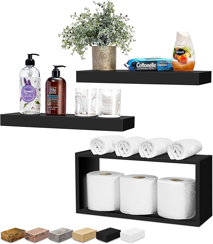 Sorbus Floating Shelves for Wall Set of 3 - Bathroom Shelves for Wall Storage, Over Toilet, Bedroom, Farmhouse, Decor - 2 Floating Shelves with Invisible Brackets & 1 Rectangular Box, Black