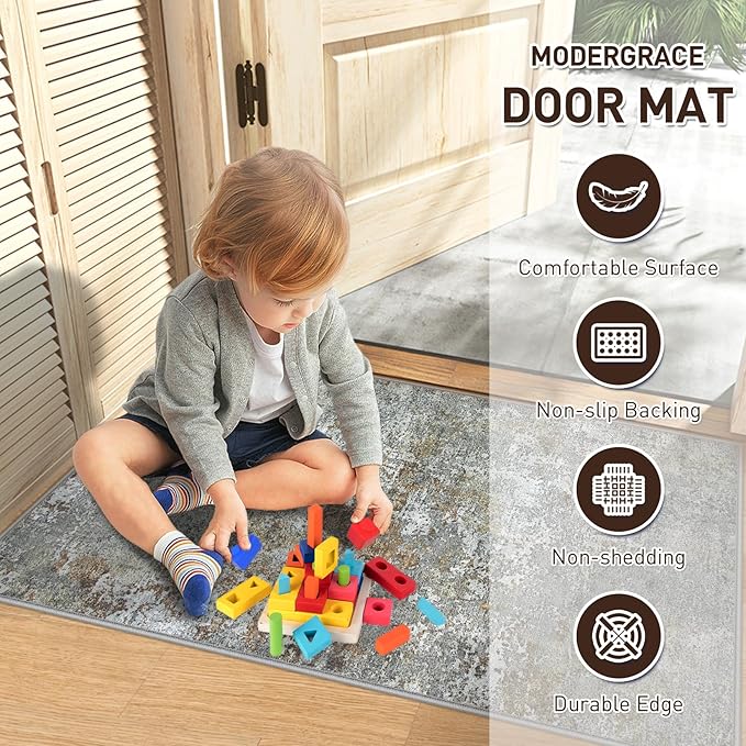 Machine Washable Area Rugs 2x3: Small Entryway Rug with Non Slip Backing Non Shedding Stain Resistant Abstract Carpet for Living Room Bedroom Kitchen Laundry Under Dining Table - Gray