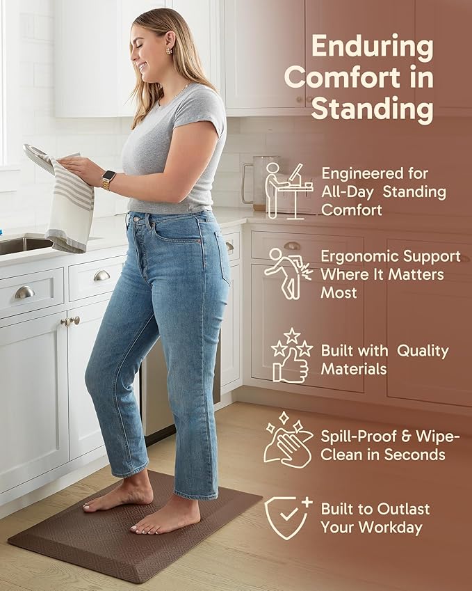Ophanie Kitchen Mats for Floor, 9/10 Inch Thick Kitchen Rugs, 20x32 Anti Fatigue Standing Cushioned Mat, Waterproof,Comfort Ergonomic Mat for Office, Home, Sink, Brown Non-Slip Bottom